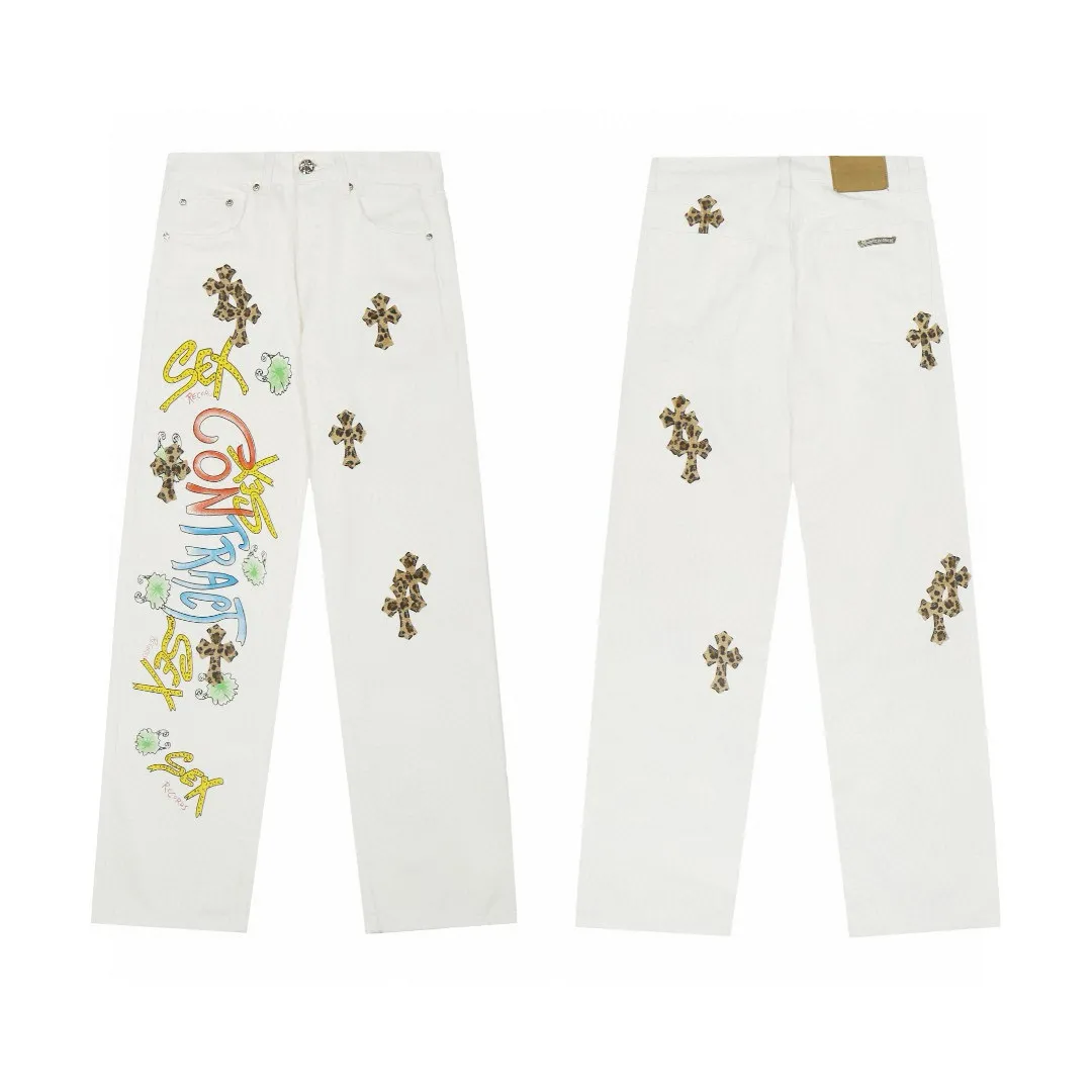 P240 💰 (Top version) Chrome Hearts/Chrome Hearts Classic white hand-painted leopard print series colorful leather cross washed color fabric unisex denim trousers Vibe style straight stacked god-level version Carbon fine bias denim color cloth Old vintage full set of hardware - Chrome Hearts white cow series The high version uses high-ounce custom fabrics, fermentation washing and soft color fixation, soft and thick to wear, the details are all made by hand-polished craftsmanship, all-over printed jacquard fabric Unique design style. Through multiple processes to create a full retro feel. Unique niche non-contrast shirt. Customized distressed spray-painted buttons. Craftsmanship in every detail. Color: white hand-painted leopard print. Size: 28-30-32-34 (corresponding to S-M-L-XL)